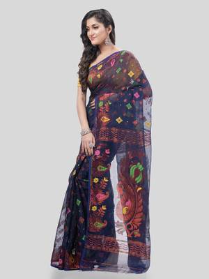 Desh Bidesh Mayur Pekham Zari Work Resham Dhakai Jamdani Pure Cotton Handloom Saree Without Blouse 3