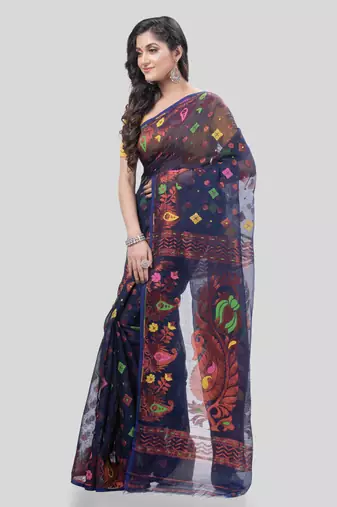 Desh Bidesh Mayur Pekham Zari Work Resham Dhakai Jamdani Pure Cotton Handloom Saree Without Blouse
