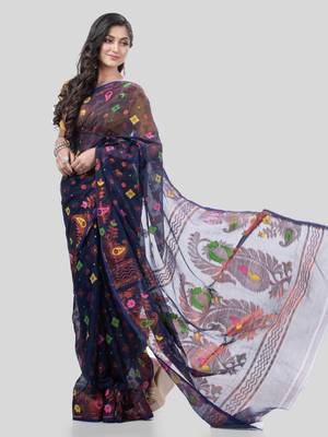 Desh Bidesh Mayur Pekham Zari Work Resham Dhakai Jamdani Pure Cotton Handloom Saree Without Blouse 4