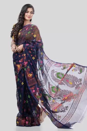 Desh Bidesh Mayur Pekham Zari Work Resham Dhakai Jamdani Pure Cotton Handloom Saree Without Blouse