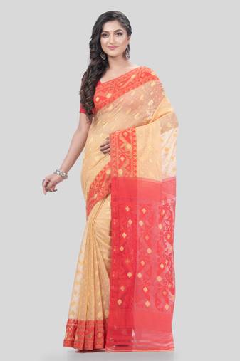 Desh Bidesh Digital Minakarat Resham Dhakai Jamdani Bengal Pure Cotton Handloom Saree Without Blouse