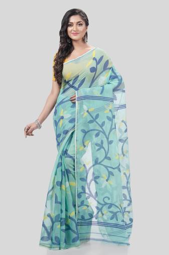 Desh Bidesh Muslin Resham Dhakai Jamdani Bengal Pure Cotton Handloom Saree Without Blouse