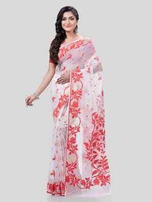 Desh Bidesh Kaveri Flower Design Dhakai Jamdani Bengal Pure Cotton Handloom Saree Without Blouse 1