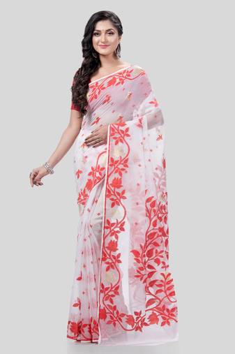 Desh Bidesh Kaveri Flower Design Dhakai Jamdani Bengal Pure Cotton Handloom Saree Without Blouse