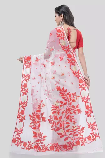 Desh Bidesh Kaveri Flower Design Dhakai Jamdani Bengal Pure Cotton Handloom Saree Without Blouse