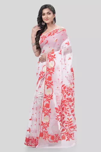 Desh Bidesh Kaveri Flower Design Dhakai Jamdani Bengal Pure Cotton Handloom Saree Without Blouse