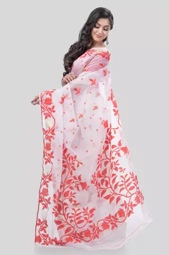 Desh Bidesh Kaveri Flower Design Dhakai Jamdani Bengal Pure Cotton Handloom Saree Without Blouse