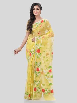 Desh Bidesh Kaveri Flower Design Dhakai Jamdani Bengal Pure Cotton Handloom Saree Without Blouse 1