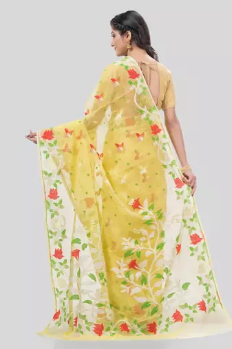 Desh Bidesh Kaveri Flower Design Dhakai Jamdani Bengal Pure Cotton Handloom Saree Without Blouse