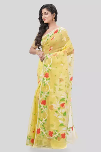 Desh Bidesh Kaveri Flower Design Dhakai Jamdani Bengal Pure Cotton Handloom Saree Without Blouse