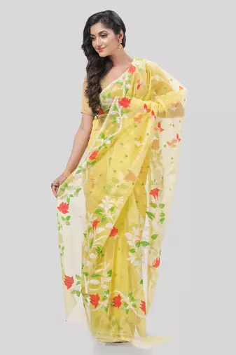 Desh Bidesh Kaveri Flower Design Dhakai Jamdani Bengal Pure Cotton Handloom Saree Without Blouse