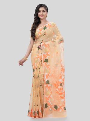 Desh Bidesh Kaveri Flower Design Dhakai Jamdani Bengal Pure Cotton Handloom Saree Without Blouse 1