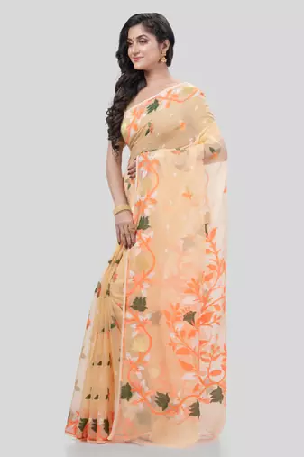 Desh Bidesh Kaveri Flower Design Dhakai Jamdani Bengal Pure Cotton Handloom Saree Without Blouse