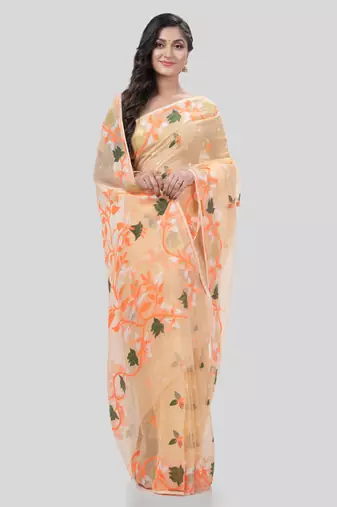 Desh Bidesh Kaveri Flower Design Dhakai Jamdani Bengal Pure Cotton Handloom Saree Without Blouse