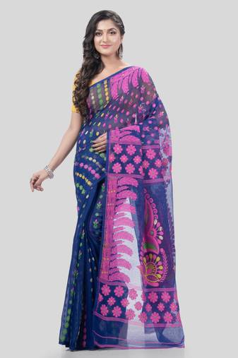 Desh Bidesh Lojjaboti Leaf Resham Dhakai Jamdani Pure Cotton Handloom Saree Design Without Blouse