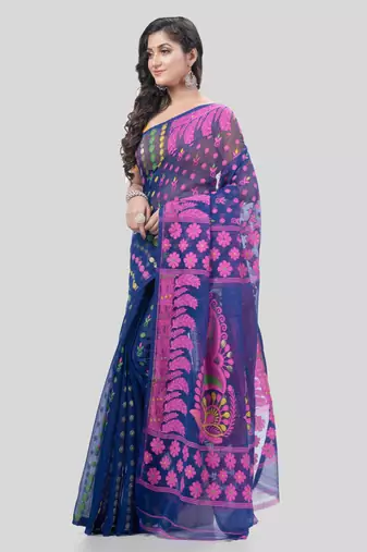 Desh Bidesh Lojjaboti Leaf Resham Dhakai Jamdani Pure Cotton Handloom Saree Design Without Blouse