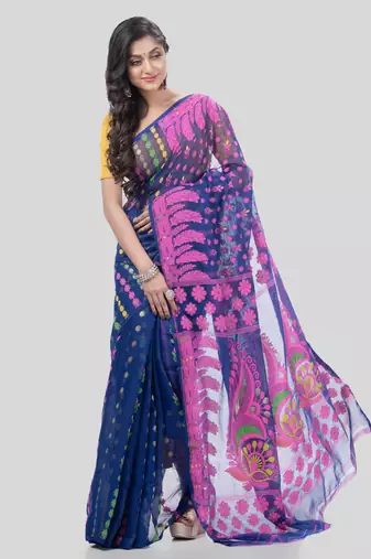 Desh Bidesh Lojjaboti Leaf Resham Dhakai Jamdani Pure Cotton Handloom Saree Design Without Blouse