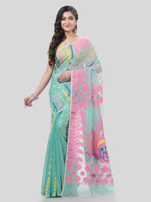 Desh Bidesh Lojjaboti Leaf Resham Dhakai Jamdani Pure Cotton Handloom Saree Design Without Blouse 1