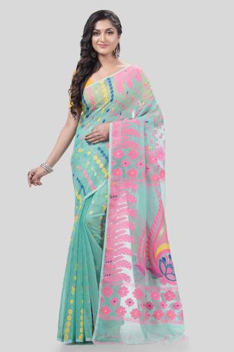 Desh Bidesh Lojjaboti Leaf Resham Dhakai Jamdani Pure Cotton Handloom Saree Design Without Blouse