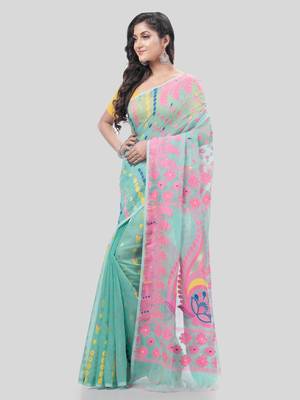 Desh Bidesh Lojjaboti Leaf Resham Dhakai Jamdani Pure Cotton Handloom Saree Design Without Blouse 3