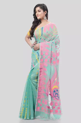 Desh Bidesh Lojjaboti Leaf Resham Dhakai Jamdani Pure Cotton Handloom Saree Design Without Blouse