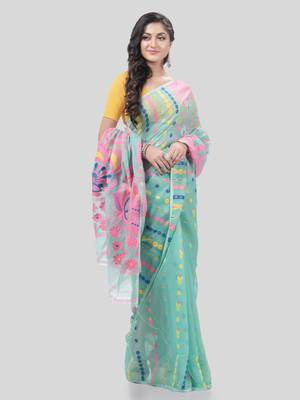 Desh Bidesh Lojjaboti Leaf Resham Dhakai Jamdani Pure Cotton Handloom Saree Design Without Blouse 4