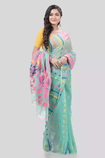 Desh Bidesh Lojjaboti Leaf Resham Dhakai Jamdani Pure Cotton Handloom Saree Design Without Blouse