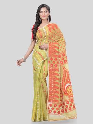 Desh Bidesh Lojjaboti Leaf Resham Dhakai Jamdani Pure Cotton Handloom Saree Design Without Blouse 1