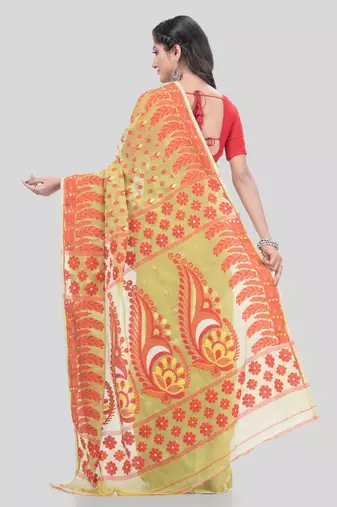 Desh Bidesh Lojjaboti Leaf Resham Dhakai Jamdani Pure Cotton Handloom Saree Design Without Blouse