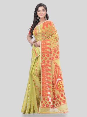 Desh Bidesh Lojjaboti Leaf Resham Dhakai Jamdani Pure Cotton Handloom Saree Design Without Blouse 3