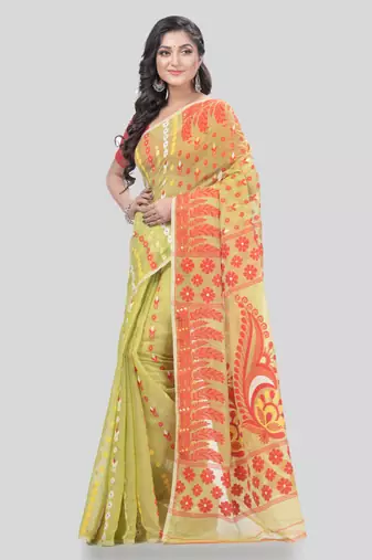 Desh Bidesh Lojjaboti Leaf Resham Dhakai Jamdani Pure Cotton Handloom Saree Design Without Blouse