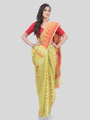 Desh Bidesh Lojjaboti Leaf Resham Dhakai Jamdani Pure Cotton Handloom Saree Design Without Blouse 4
