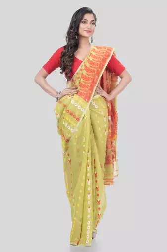 Desh Bidesh Lojjaboti Leaf Resham Dhakai Jamdani Pure Cotton Handloom Saree Design Without Blouse