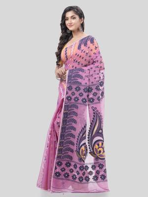 Desh Bidesh Lojjaboti Leaf Resham Dhakai Jamdani Pure Cotton Handloom Saree Design Without Blouse 3