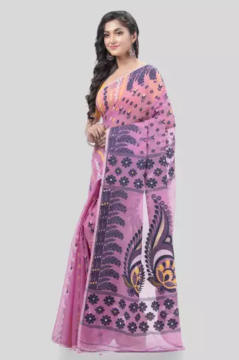 Desh Bidesh Lojjaboti Leaf Resham Dhakai Jamdani Pure Cotton Handloom Saree Design Without Blouse