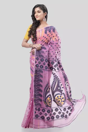 Desh Bidesh Lojjaboti Leaf Resham Dhakai Jamdani Pure Cotton Handloom Saree Design Without Blouse