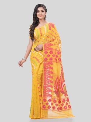 Desh Bidesh Lojjaboti Leaf Resham Dhakai Jamdani Pure Cotton Handloom Saree Design Without Blouse 1