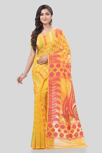 Desh Bidesh Lojjaboti Leaf Resham Dhakai Jamdani Pure Cotton Handloom Saree Design Without Blouse
