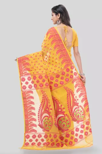 Desh Bidesh Lojjaboti Leaf Resham Dhakai Jamdani Pure Cotton Handloom Saree Design Without Blouse