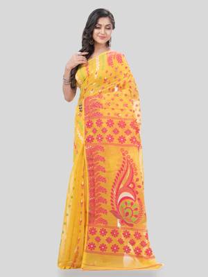 Desh Bidesh Lojjaboti Leaf Resham Dhakai Jamdani Pure Cotton Handloom Saree Design Without Blouse 3