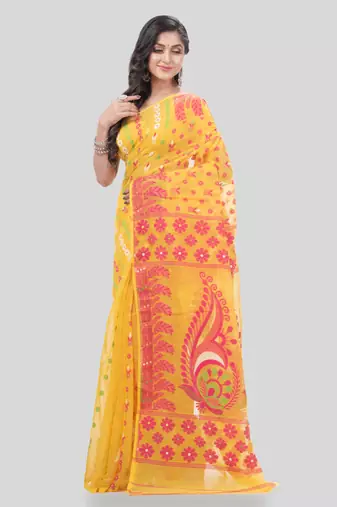 Desh Bidesh Lojjaboti Leaf Resham Dhakai Jamdani Pure Cotton Handloom Saree Design Without Blouse