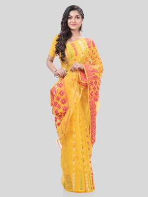 Desh Bidesh Lojjaboti Leaf Resham Dhakai Jamdani Pure Cotton Handloom Saree Design Without Blouse 4