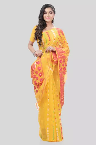 Desh Bidesh Lojjaboti Leaf Resham Dhakai Jamdani Pure Cotton Handloom Saree Design Without Blouse