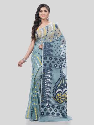 Desh Bidesh Resham Dhakai Jamdani Pure Cotton Handloom Saree Lojjaboti Design Without Blouse 1