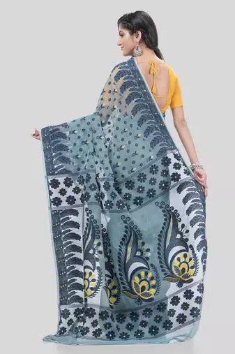 Desh Bidesh Resham Dhakai Jamdani Pure Cotton Handloom Saree Lojjaboti Design Without Blouse