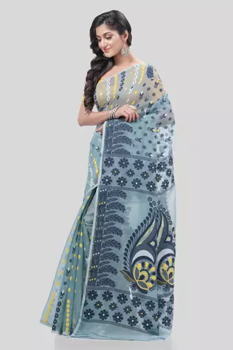 Desh Bidesh Resham Dhakai Jamdani Pure Cotton Handloom Saree Lojjaboti Design Without Blouse