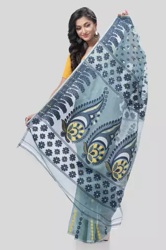 Desh Bidesh Resham Dhakai Jamdani Pure Cotton Handloom Saree Lojjaboti Design Without Blouse