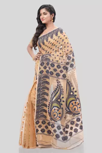 Desh Bidesh Resham Dhakai Jamdani Pure Cotton Handloom Saree Lojjaboti Design Without Blouse