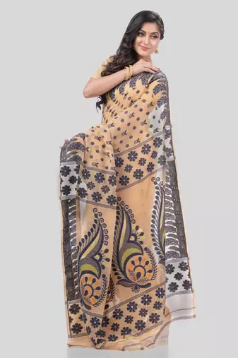 Desh Bidesh Resham Dhakai Jamdani Pure Cotton Handloom Saree Lojjaboti Design Without Blouse