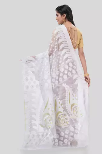 Desh bidesh resham dhakai jamdani pure cotton handloom saree lojjaboti design without blouse